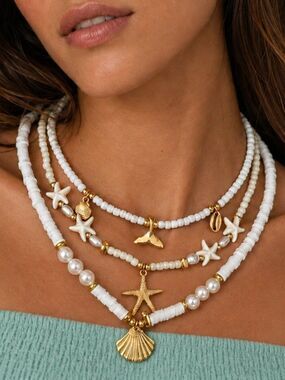 Coastal Layered Necklace Set Starfish Shell Pearl Gold White
